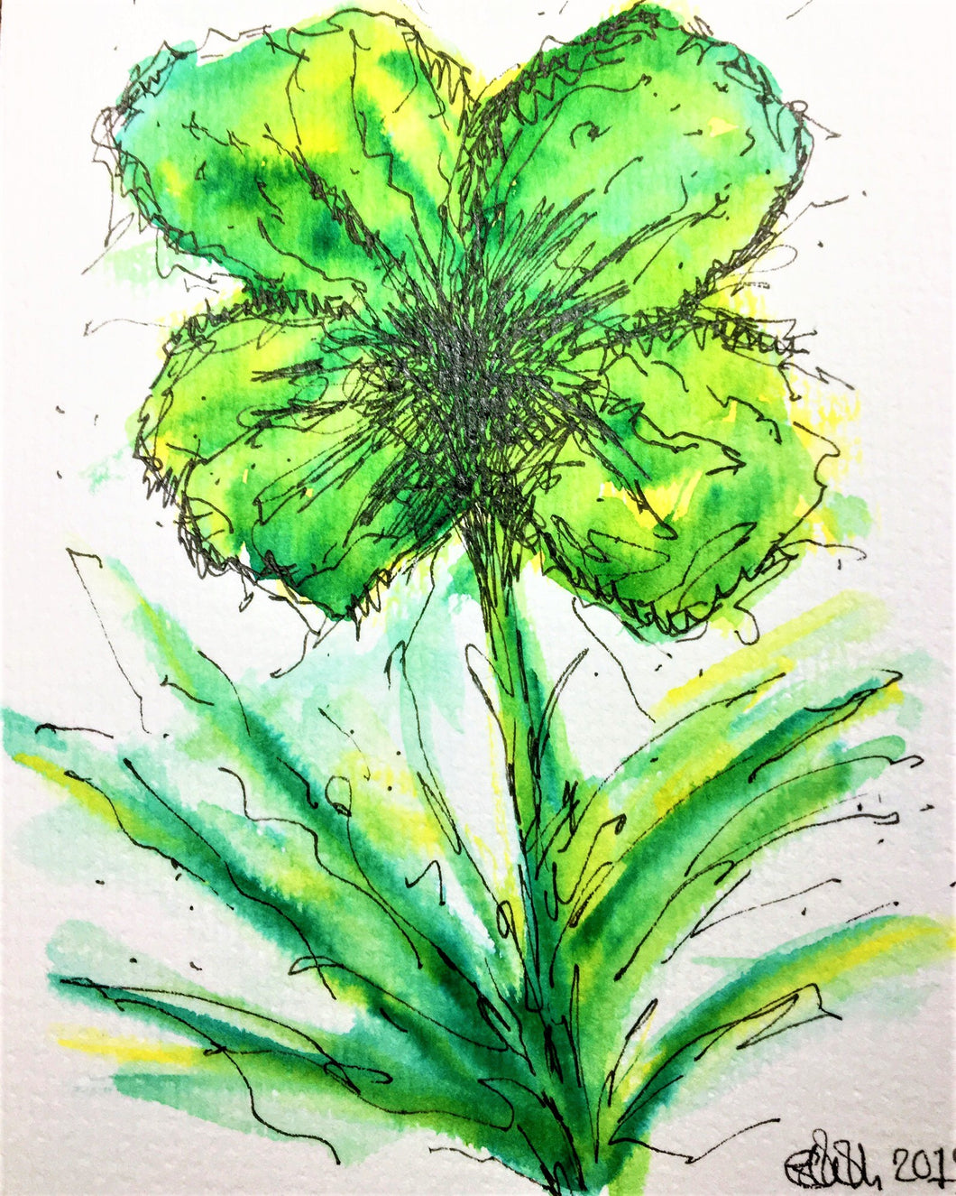 Hand-painted Greeting Card - Abstract Green/Yellow Pansy Design - eDgE dEsiGn London