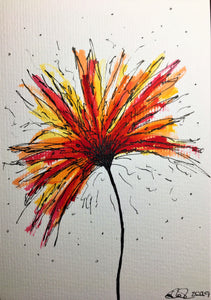Hand-painted Greeting Card - Abstract Red, Orange & Yellow Flower Design - eDgE dEsiGn London
