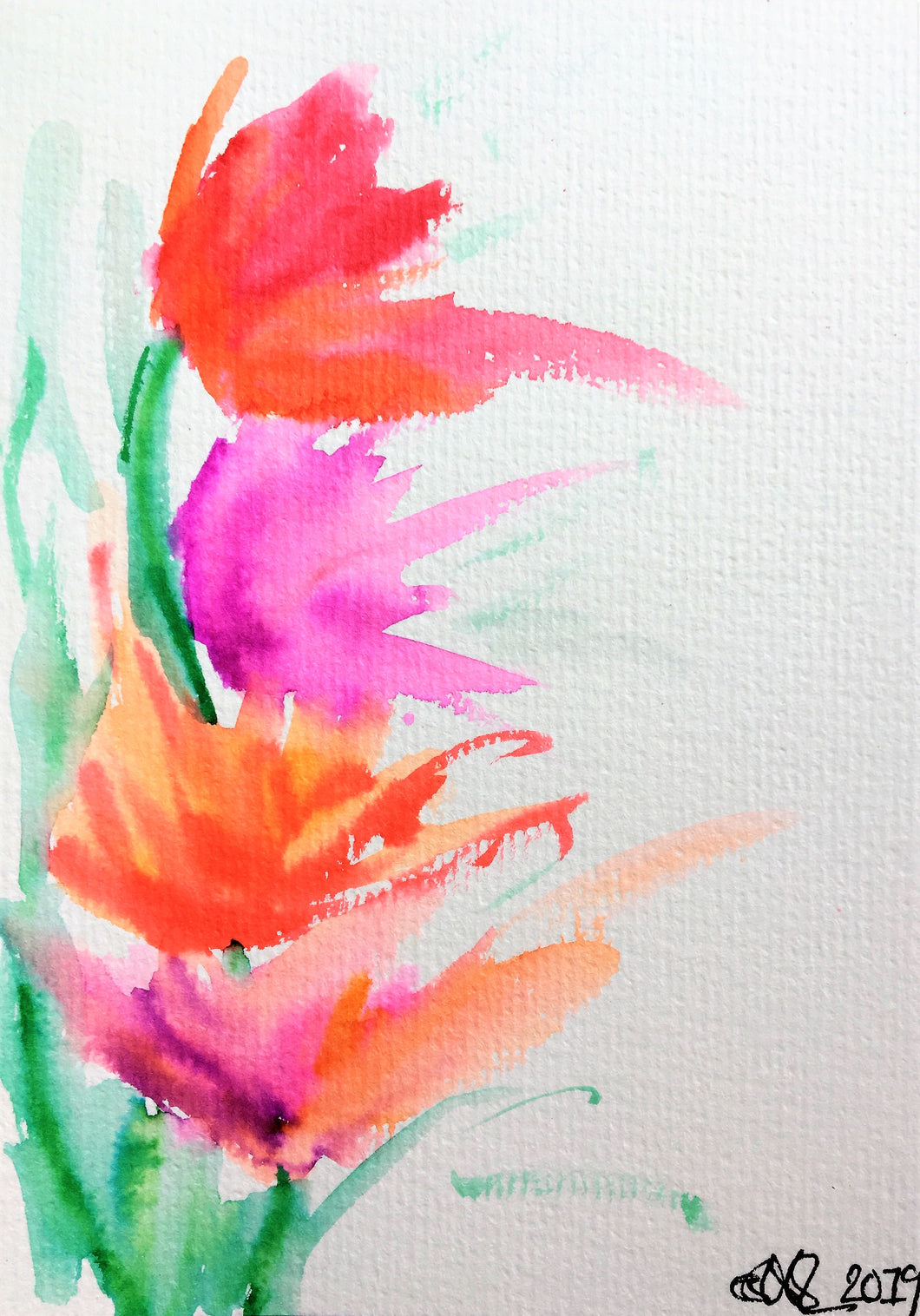 Hand-painted Greeting Card - Abstract Pink, Orange and Purple Tulip Design - eDgE dEsiGn London