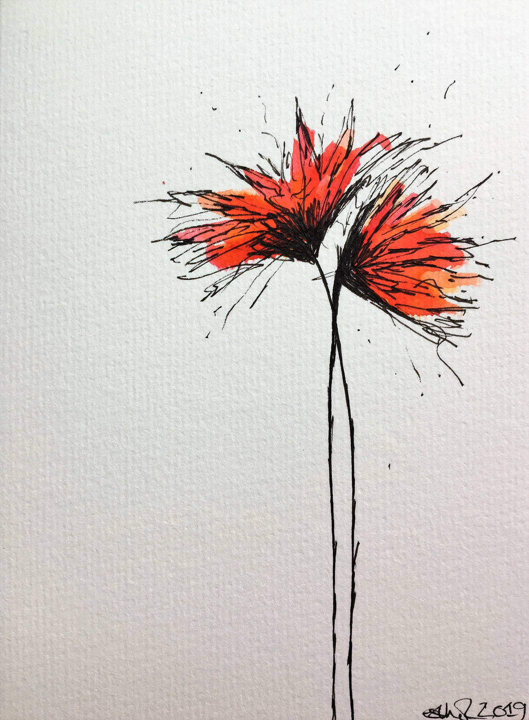 Hand-painted Greeting Card - Red, Orange and Yellow Spiky Flower Design - eDgE dEsiGn London