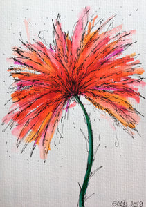 Hand-painted greeting card - Red, pink, orange and purple spiky flower design - eDgE dEsiGn London