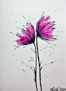 Hand-painted greeting card - Pink and purple poppy design - eDgE dEsiGn London