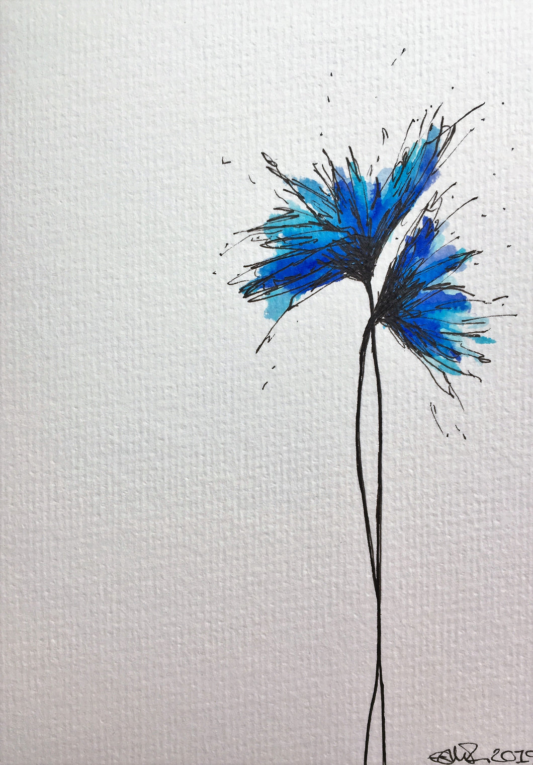 Hand-painted greeting card - Turquoise and blue spiky flowers design - eDgE dEsiGn London