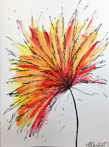 Hand-painted greeting card - Yellow, orange and red spiky flower design - eDgE dEsiGn London