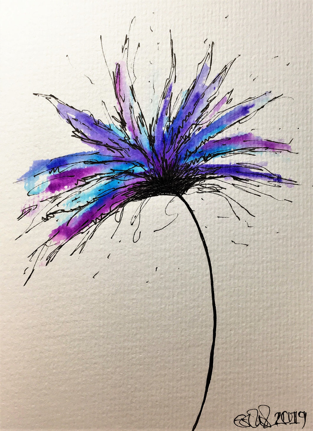Hand-painted greeting card - Purple, lilac and blue spiky flower design - eDgE dEsiGn London