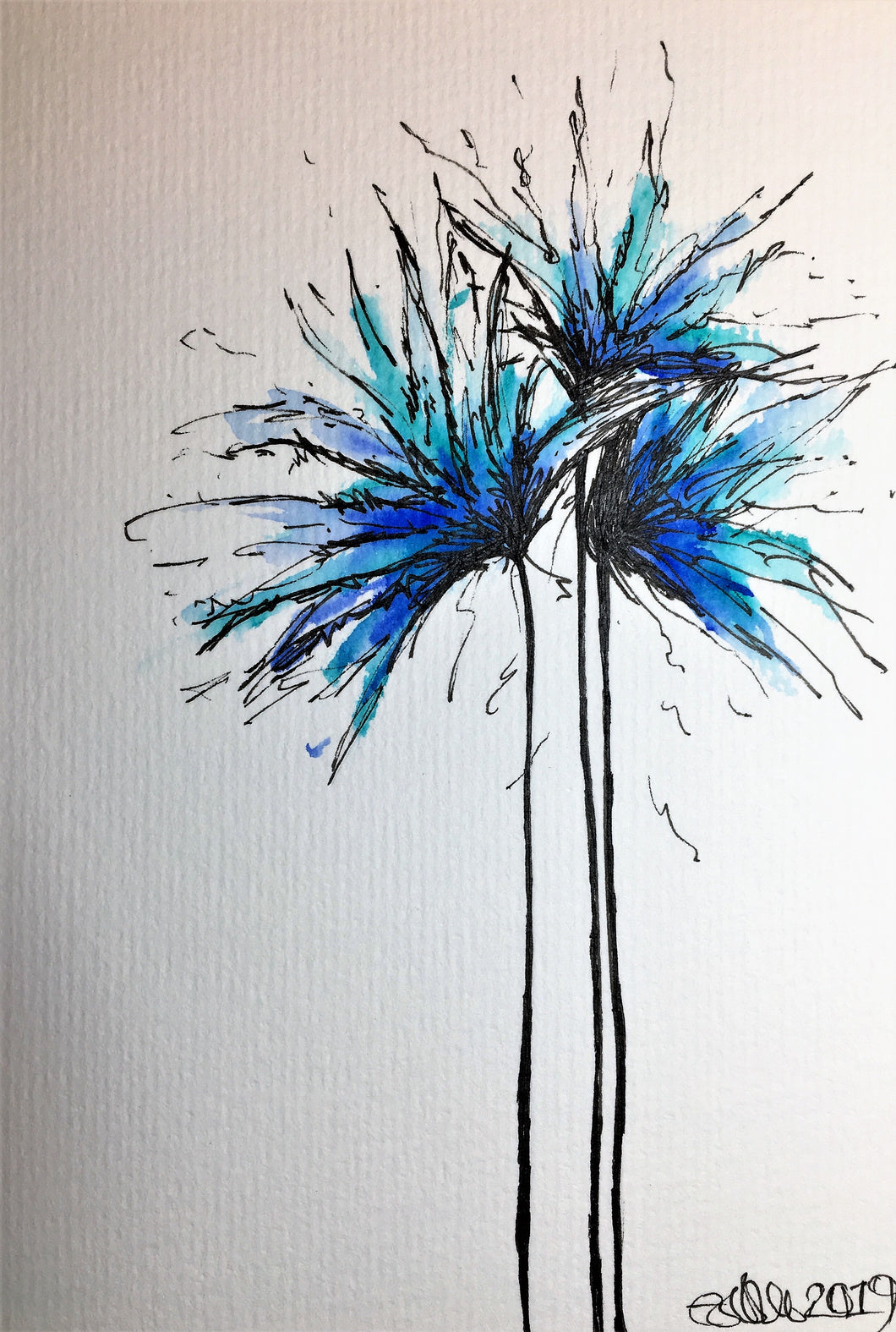 Hand-painted greeting card - Blue, Jade, Turquoise spiky flowers design - eDgE dEsiGn London