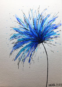 Hand-painted greeting card - Blue and Turquoise Spiky Flower Design - eDgE dEsiGn London