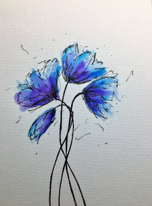 Handpainted Watercolour Greeting Card - Abstract Purple, Turquoise and Blue Poppies Design - eDgE dEsiGn London