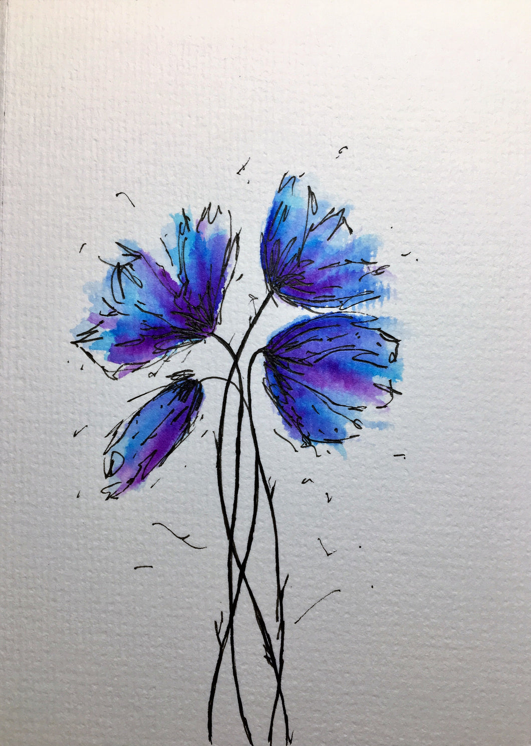 Handpainted Watercolour Greeting Card - Abstract Purple, Blue and Turquoise Poppies Design - eDgE dEsiGn London