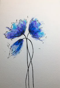 Handpainted Watercolour Greeting Card - Abstract Blue, Turquoise and Purple Poppies Design - eDgE dEsiGn London