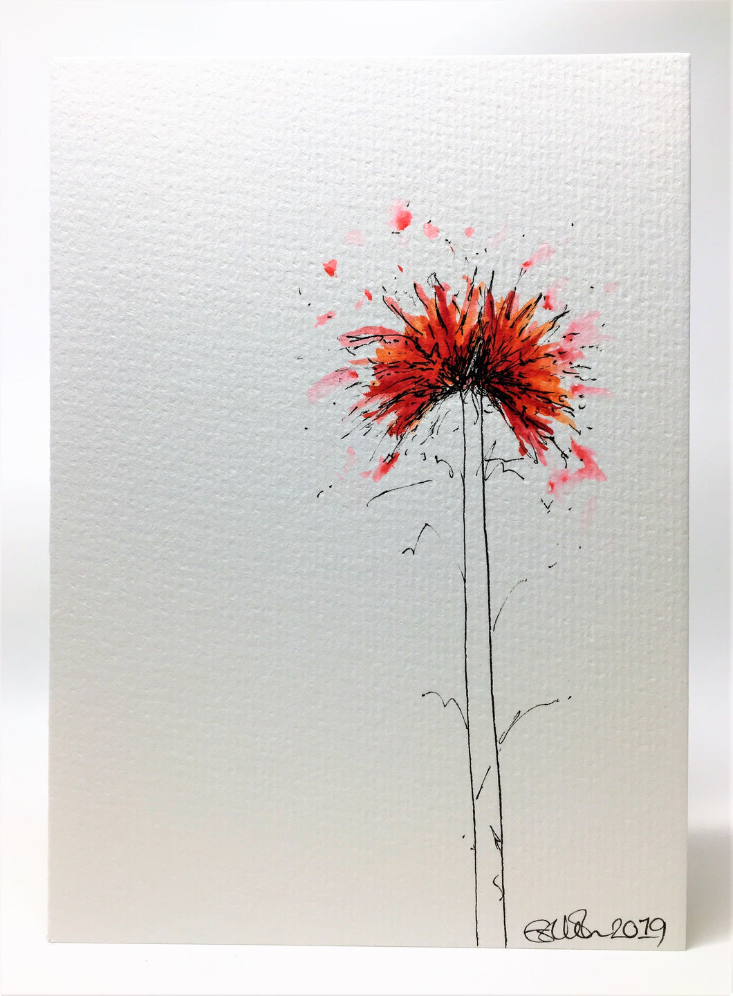 Handpainted Watercolour Greeting Card - Small Abstract Red, Orange and Pink Spiky Flowers - eDgE dEsiGn London