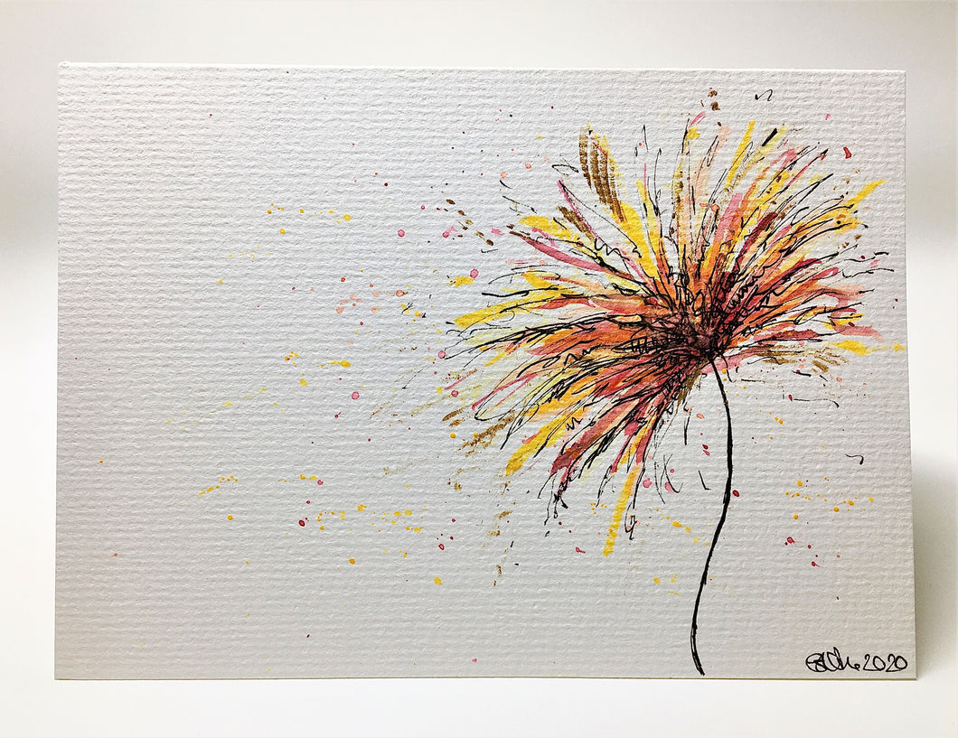 Original Hand Painted Greeting Card - Yellow, Red, Orange and Gold Flower - eDgE dEsiGn London