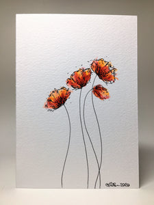 Original Hand Painted Greeting Card - Four Red and Orange Poppies Design - eDgE dEsiGn London