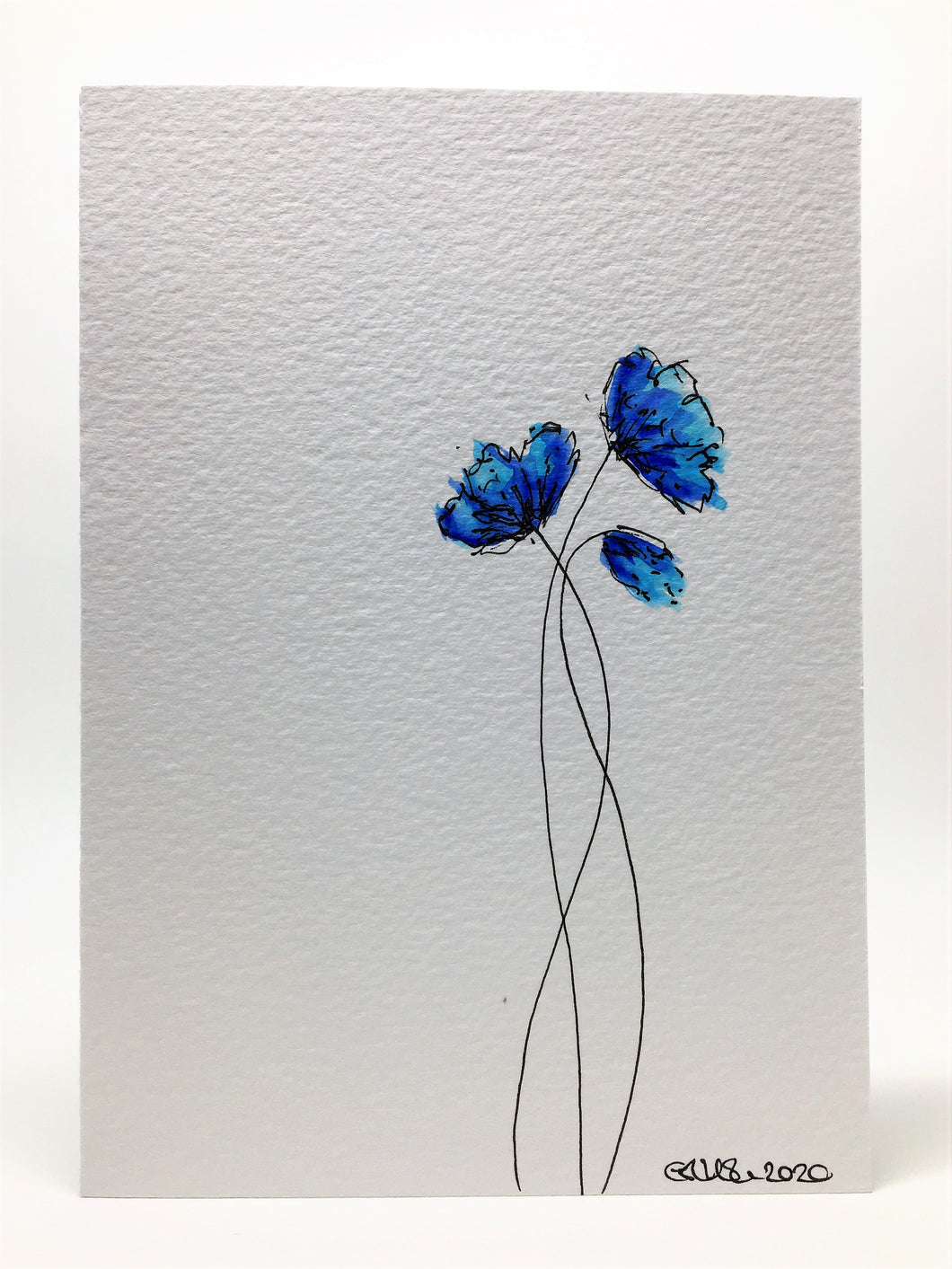 Original Hand Painted Greeting Card - Three Blue and Turquoise Poppies Design - eDgE dEsiGn London