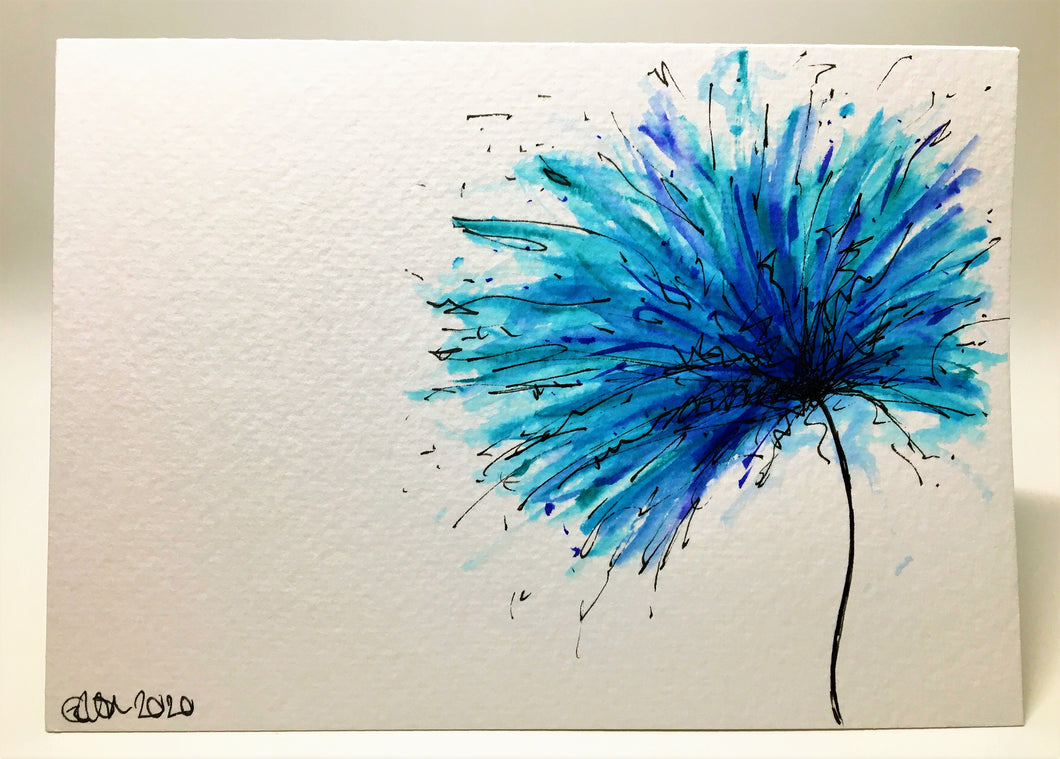 Original Hand Painted Greeting Card - Turquoise, Blue and Jade Spiky Flower - eDgE dEsiGn London