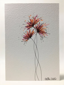 Original Hand Painted Greeting Card - Three Purple and Orange Spiky Flower Design - eDgE dEsiGn London