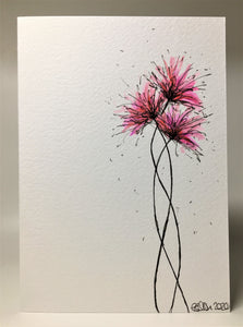 Original Hand Painted Greeting Card - Three Pink and Lilac Spiky Flower Design - eDgE dEsiGn London