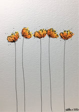 Original Hand Painted Greeting Card - Five Yellow and Orange Poppies Design - eDgE dEsiGn London