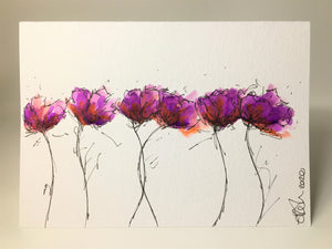 Original Hand Painted Greeting Card - Purple and Orange Poppies - eDgE dEsiGn London