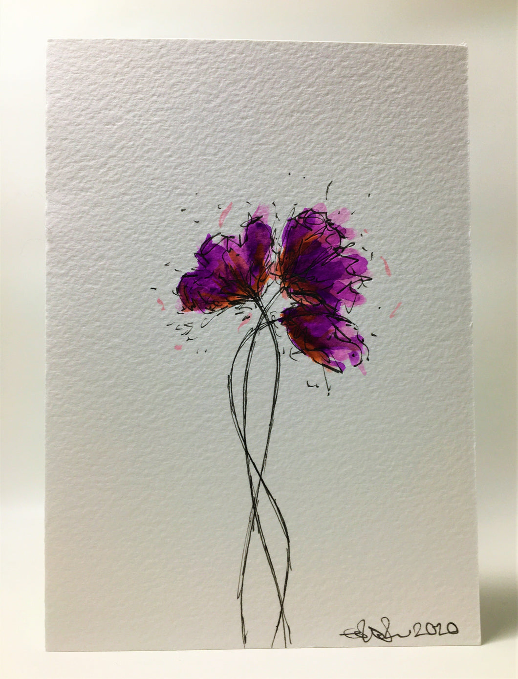 Original Hand Painted Greeting Card - Three Purple and Orange Poppies - eDgE dEsiGn London
