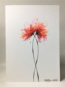 Original Hand Painted Greeting Card - Pink, Orange and Red Spiky Flowers - eDgE dEsiGn London