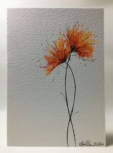 Original Hand Painted Greeting Card - Orange and Pink Spiky Flowers - eDgE dEsiGn London