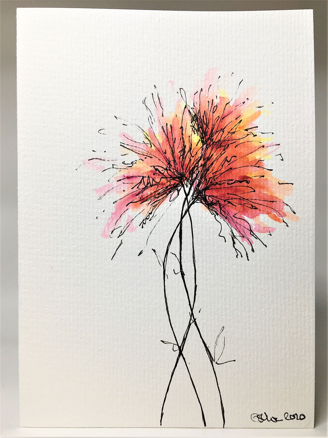 Original Hand Painted Greeting Card - Red, Pink and Yellow Spiky Flowers - eDgE dEsiGn London