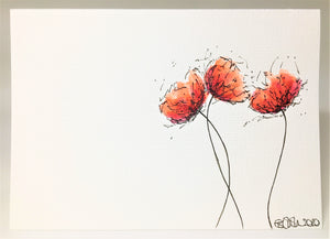 Original Hand Painted Greeting Card - Three Red, Orange and Pink Poppies - eDgE dEsiGn London