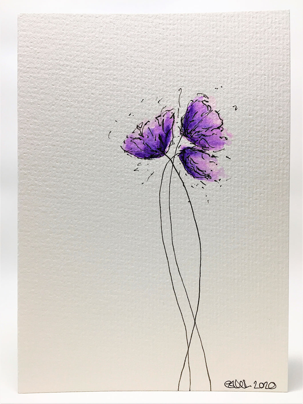 Original Hand Painted Greeting Card - Three Lilac and Purple Poppies - eDgE dEsiGn London