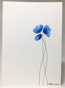 Original Hand Painted Greeting Card - Three Blue Poppies Design - eDgE dEsiGn London