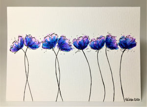Original Hand Painted Greeting Card - 8 Blue, Lilac and Purple Poppies - eDgE dEsiGn London