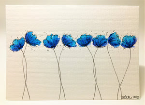 Original Hand Painted Greeting Card - 8 Turquoise, Blue and Purple Poppies - eDgE dEsiGn London