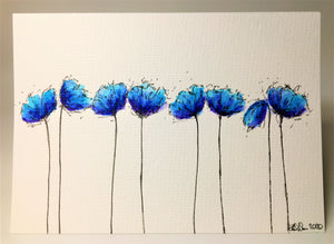 Original Hand Painted Greeting Card - 8 Turquoise and Blue Poppies - eDgE dEsiGn London