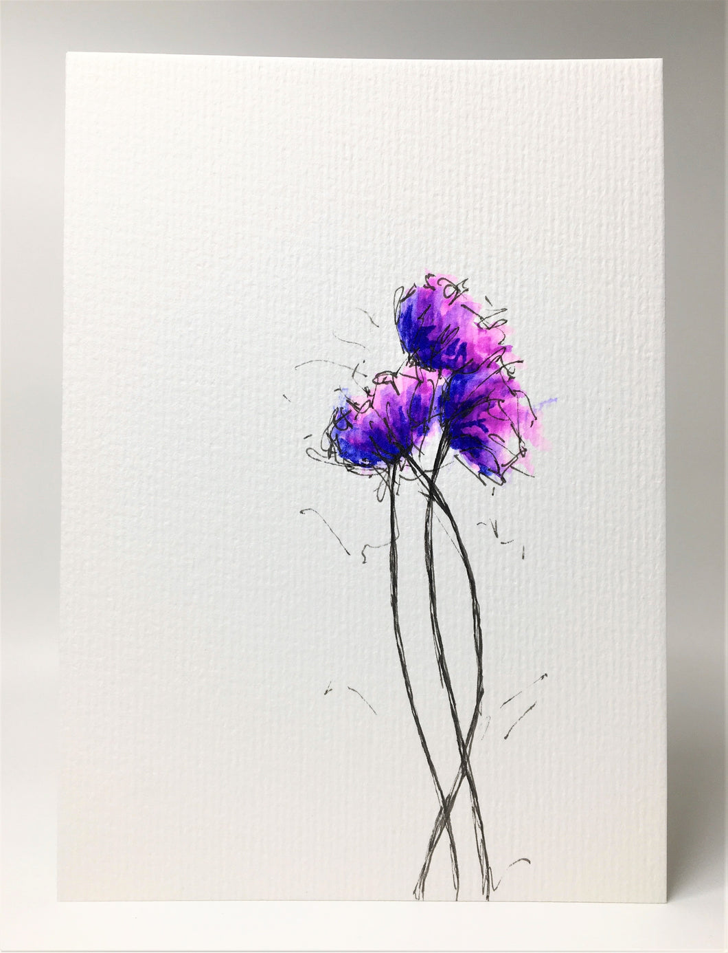 Original Hand Painted Greeting Card - Three Pink, Blue and Purple Poppies - eDgE dEsiGn London