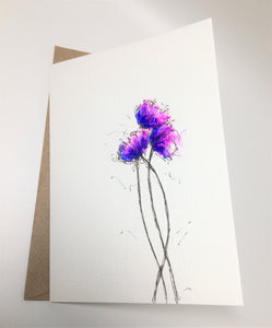 Original Hand Painted Greeting Card - Three Pink, Blue and Purple Poppies - eDgE dEsiGn London