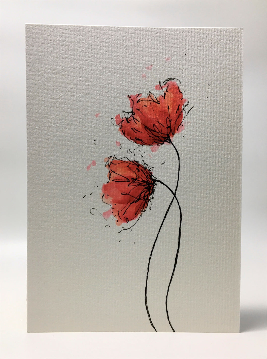 Hand-painted Watercolour Greeting Card - Two Large Abstract Red and Orange Poppies - eDgE dEsiGn London