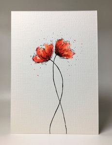 Original Hand Painted Greeting Card - Two Small Red and Orange Poppies - eDgE dEsiGn London