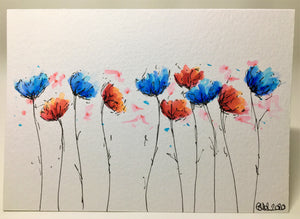 Original Hand Painted Greeting Card - 10 Blue and Red Flowers - eDgE dEsiGn London