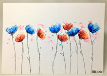 Original Hand Painted Greeting Card - 10 Blue and Red Flowers - eDgE dEsiGn London