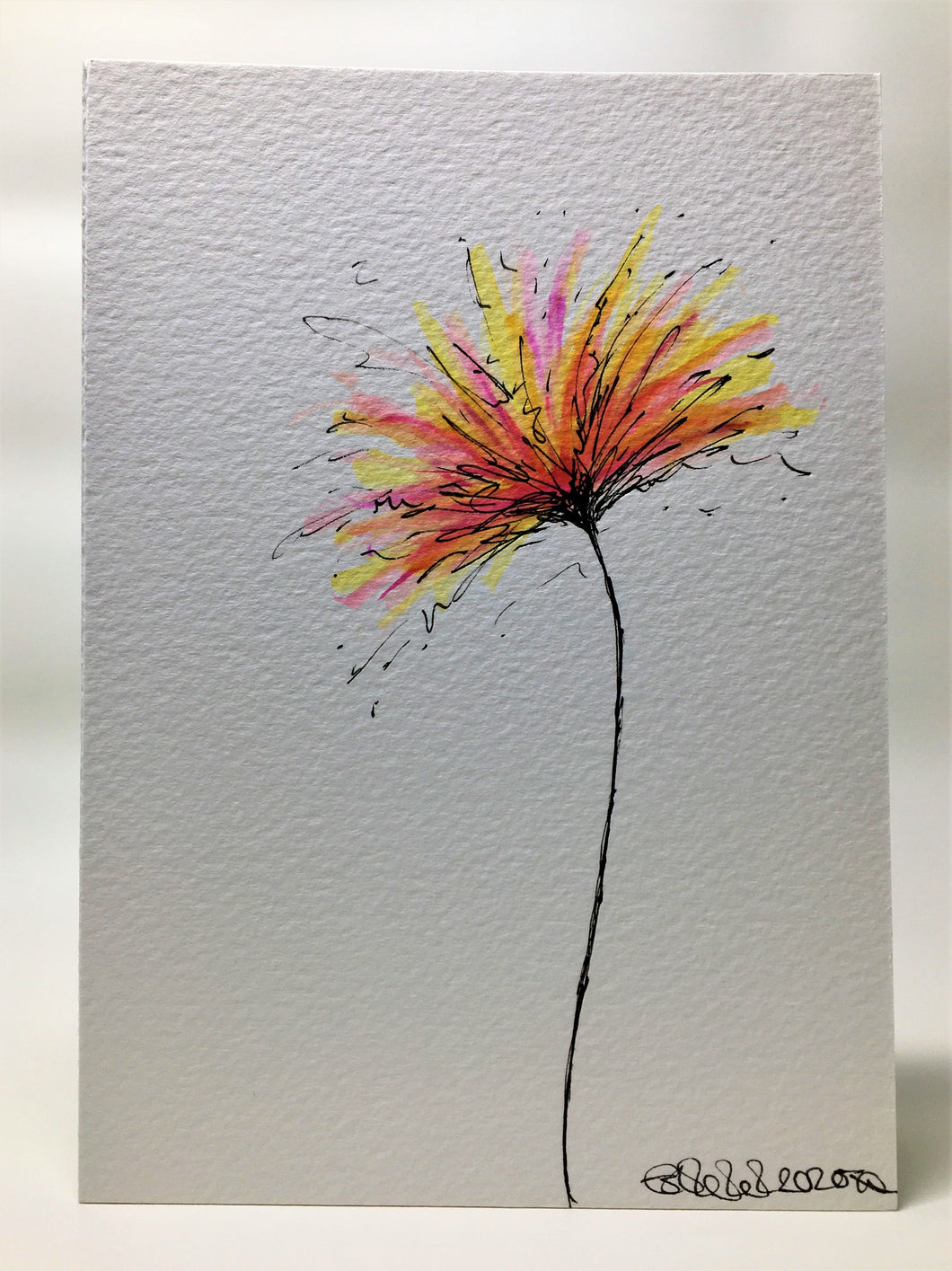 Original Hand Painted Greeting Card - Orange, Yellow and Pink Spiky Flower - eDgE dEsiGn London