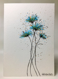 Original Hand Painted Greeting Card - 4 Turquoise, Orange and Gold Flowers - eDgE dEsiGn London