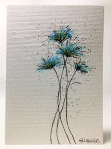 Original Hand Painted Greeting Card - 4 Turquoise, Orange and Gold Flowers - eDgE dEsiGn London
