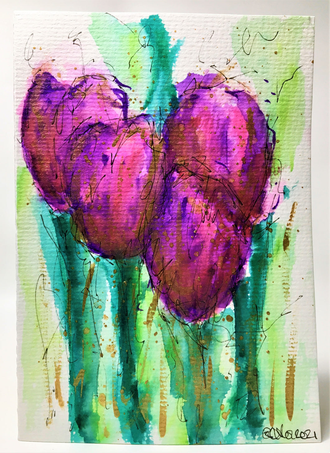 Original Hand Painted Greeting Card - 3 Purple, Pink and Gold Tulips - eDgE dEsiGn London