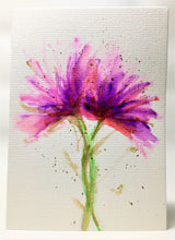 Original Hand Painted Greeting Card - Pink, Purple and Gold Flowers - eDgE dEsiGn London