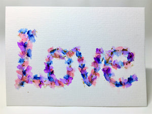 Original Hand Painted Mother's Day Card - Pink, Blue, Purple and Gold Flower LOVE - eDgE dEsiGn London