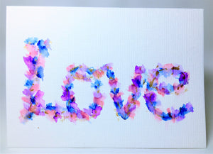 Original Hand Painted Mother's Day Card - Pink, Blue, Purple and Gold Flower LOVE - eDgE dEsiGn London