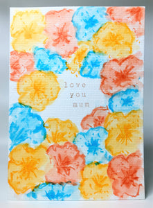 Original Hand Painted Mother's Day Card - Yellow, Orange and Turquoise Flowers - eDgE dEsiGn London
