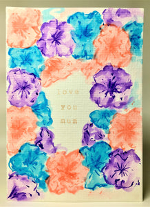 Original Hand Painted Mother's Day Card - Turquoise, Purple and Peach Flowers - eDgE dEsiGn London