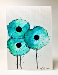 Big Teal and Green Poppies - Hand Painted Watercolour Greeting Card
