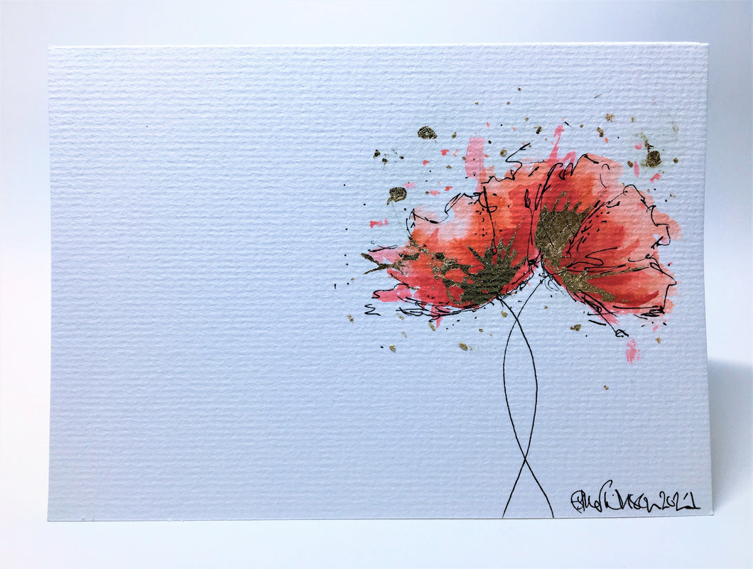 Red and Gold Poppies - Hand Painted Greeting Card